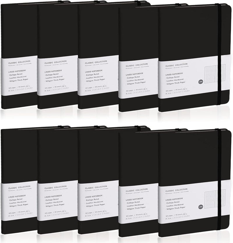 EMOMAS Lined Journal Notebook, 10Pack Hardcover Notebook for Men & Women – Journals for Writing, Work, School, Home & Daily Notes, 160 Pages – Medium A5, 5.7"x8", 100 gsm Thick Paper (Black)​ - Image 1